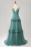 Grey Green A Line Backless Tulle Pleated Spaghetti Straps Long Bridesmaid Dress