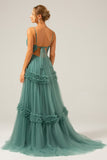 Grey Green A Line Tulle Pleated Spaghetti Straps Backless Prom Dress