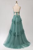 Grey Green A Line Backless Tulle Pleated Spaghetti Straps Long Bridesmaid Dress