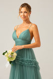 Grey Green A Line Backless Tulle Pleated Spaghetti Straps Long Bridesmaid Dress