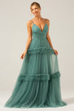 Grey Green A Line Backless Tulle Pleated Spaghetti Straps Long Bridesmaid Dress