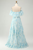 White Blue Off the Shoulder Ruffled Floral A Line Bridesmaid Dress