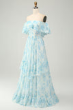 Off the Shoulder White Blue Ruffles Floral A Line Maxi Bridesmaid Dress