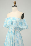 Off the Shoulder White Blue Ruffles Floral A Line Maxi Bridesmaid Dress