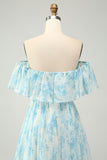 Off the Shoulder White Blue Ruffles Floral A Line Maxi Bridesmaid Dress