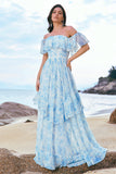 Elegant White Blue Ruffled Floral Printed A Line Bridesmaid Dress