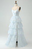 Light Blue Corset Ruffles Tiered Floral A Line Bridesmaid Dress with Slit