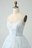 Light Blue Corset Ruffles Tiered Floral A Line Bridesmaid Dress with Slit