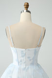 Light Blue Corset Ruffles Tiered Floral A Line Bridesmaid Dress with Slit