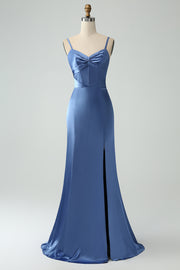 Twist Front Bowknot Sheath Satin Long Wedding Guest Dress with Slit