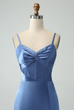 Twist Front Bowknot Sheath Satin Long Wedding Guest Dress with Slit