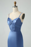 Twist Front Bowknot Sheath Satin Long Wedding Guest Dress with Slit