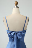 Twist Front Bowknot Sheath Satin Long Wedding Guest Dress with Slit