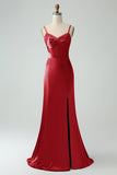Twist Front Bowknot Sheath Satin Long Wedding Guest Dress with Slit