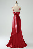 Twist Front Bowknot Sheath Satin Long Wedding Guest Dress with Slit