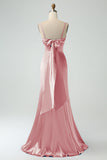 Twist Front Bowknot Sheath Satin Long Wedding Guest Dress with Slit