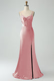 Twist Front Bowknot Sheath Satin Long Wedding Guest Dress with Slit