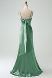 Twist Front Bowknot Sheath Satin Long Wedding Guest Dress with Slit