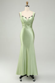 Dusty Sage Sweetheart Corset Mermaid Satin Long Wedding Guest Dress