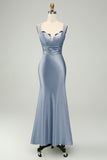 Dusty Sage Sweetheart Corset Mermaid Satin Long Wedding Guest Dress