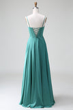 Eucalyptus Spaghetti Straps Corset Satin A Line Long Bridesmaid Dress