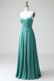 Eucalyptus Spaghetti Straps Corset Satin A Line Long Bridesmaid Dress