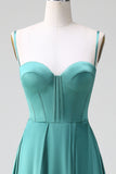 Eucalyptus Spaghetti Straps Corset Satin A Line Long Bridesmaid Dress