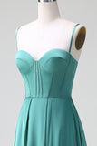 Eucalyptus Spaghetti Straps Corset Satin A Line Long Bridesmaid Dress