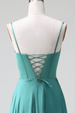 Eucalyptus Spaghetti Straps Corset Satin A Line Long Bridesmaid Dress