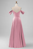 Dark Green Off the Shoulder A Line Satin Long Bridesmaid Dress