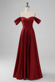 Dark Green Off the Shoulder A Line Satin Long Bridesmaid Dress