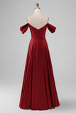 Dark Green Off the Shoulder A Line Satin Long Bridesmaid Dress