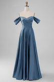 Dark Green Off the Shoulder A Line Satin Long Bridesmaid Dress