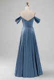 Dark Green Off the Shoulder A Line Satin Long Bridesmaid Dress