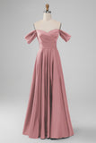 Dark Green Off the Shoulder A Line Satin Long Bridesmaid Dress