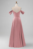 Dark Green Off the Shoulder A Line Satin Long Bridesmaid Dress