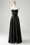 Dark Green Strapless Pleated A Line Satin Long Bridesmaid Dress