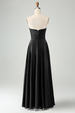Dark Green Strapless Pleated A Line Satin Long Bridesmaid Dress