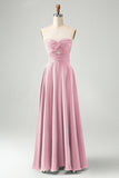 Dark Green Strapless Pleated A Line Satin Long Bridesmaid Dress