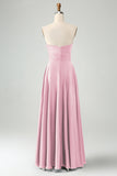 Dark Green Strapless Pleated A Line Satin Long Bridesmaid Dress