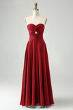 Dark Green Strapless Pleated A Line Satin Long Bridesmaid Dress