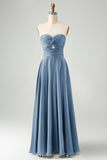 Dark Green Strapless Pleated A Line Satin Long Bridesmaid Dress