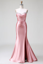 Gorgeous Blush Pleated Mermaid Satin Bridesmaid Dress with Slit