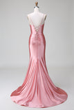 Gorgeous Blush Pleated Mermaid Satin Bridesmaid Dress with Slit