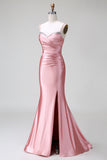 Gorgeous Blush Pleated Mermaid Satin Bridesmaid Dress with Slit