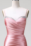 Gorgeous Blush Pleated Mermaid Satin Bridesmaid Dress with Slit