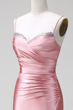 Gorgeous Blush Pleated Mermaid Satin Bridesmaid Dress with Slit