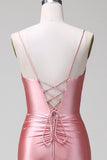 Gorgeous Blush Pleated Mermaid Satin Bridesmaid Dress with Slit