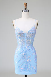 Sparkly Blue Corset Sequins Bodycon Short Prom Dress