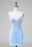 Sparkly Lilac Blue Corset Open Back Sequins Short Prom Dress with Embroidery